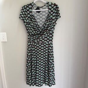 Leota Midi Dress Short Sleeve Peacock Print Blue Purple Faux Wrap V-Neck Medium
